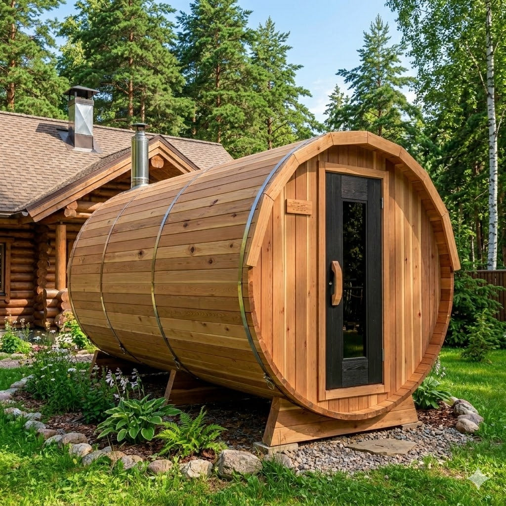 Barrel style saunas come in many sizes and finishes